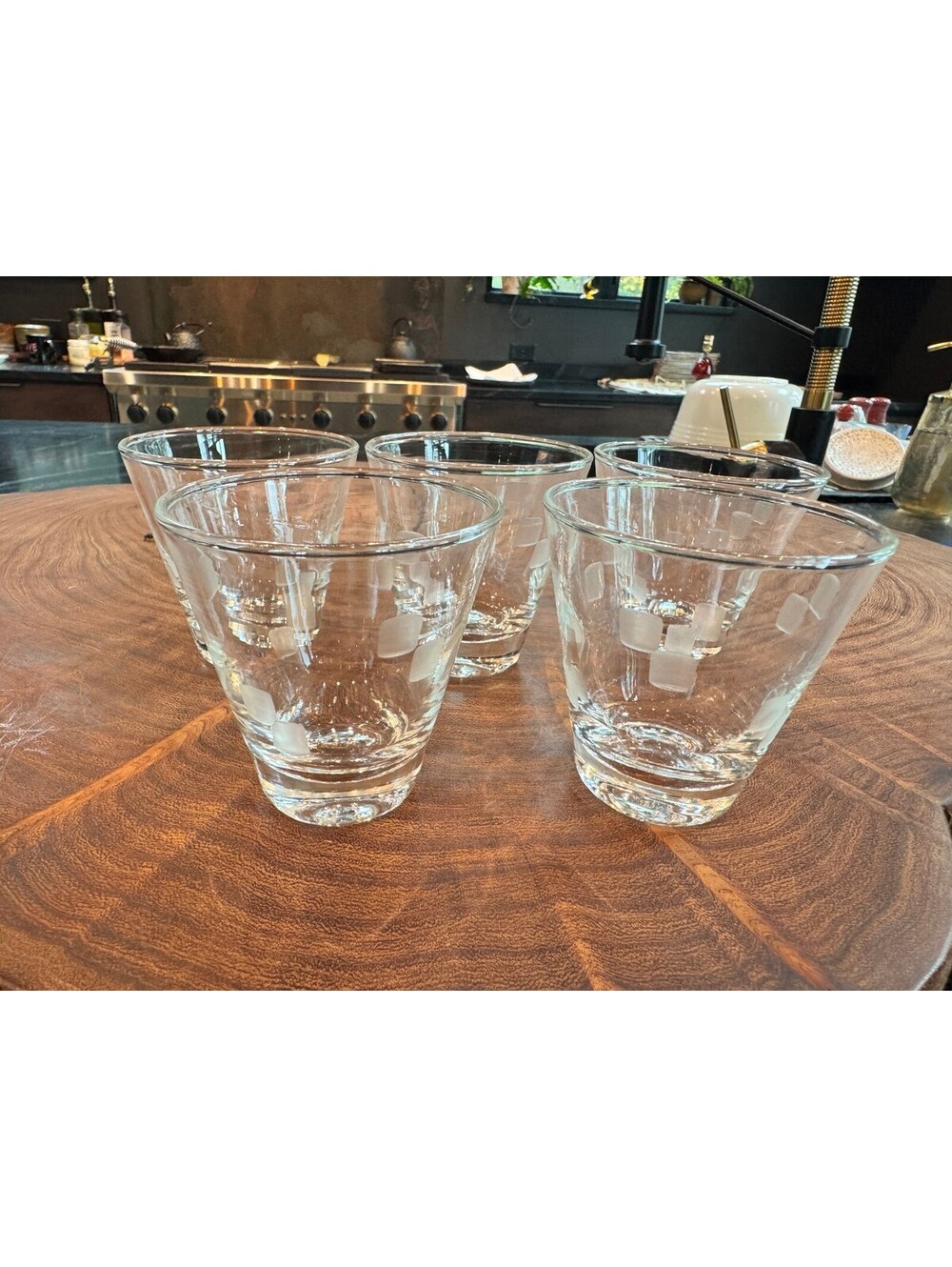 Vintage Etched Crystal Lowball Glasses Frosted Block Pattern - Set of 5